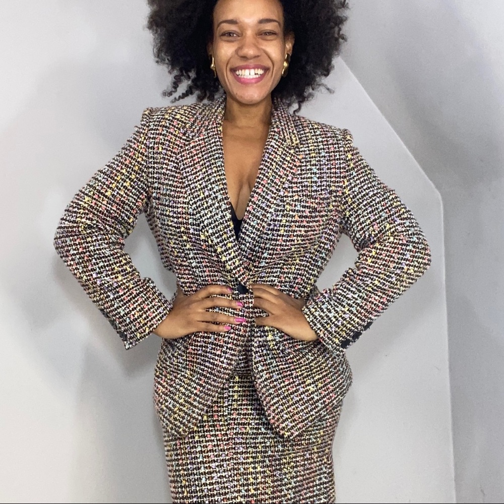 Vintage 80s tweed multi color glitter skirt suit